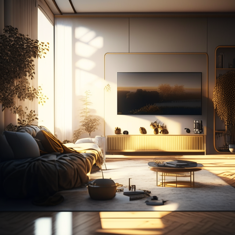 a living room with a Japanese and Scandinavian design style, with lots of golden light, in a hyperrealistic surrealism style, an award-winning masterpiece with incredible details, and stunning 8k resolution