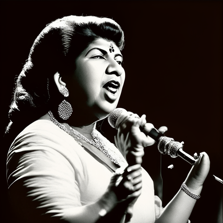 Lata Mangeshkar singing on stage with a microphone in her hand
