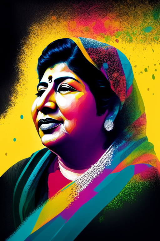 a portrait of Lata Mangeshkar with a colorful background