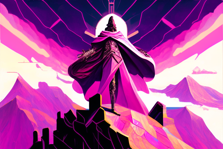 a figure robed in regal pink, standing atop a mountain peak. With outstretched arms, he summons the energies of the universe, weaving a reality of his own design. His face, a mosaic of cyborg intricacies, reflects his mastery of reality architecture. Surrounding him, a symphony of colors and shapes dance in a mesmerizing display of cosmic power