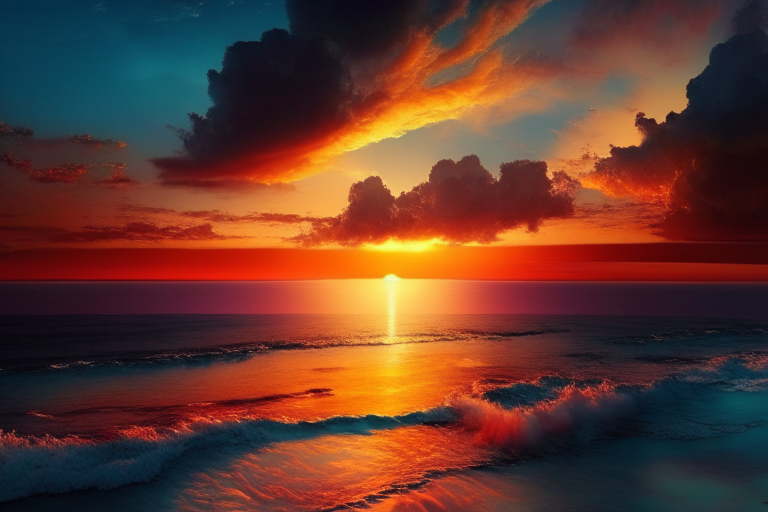 a beautiful sunrise over the ocean, with warm colors and a few clouds in the sky