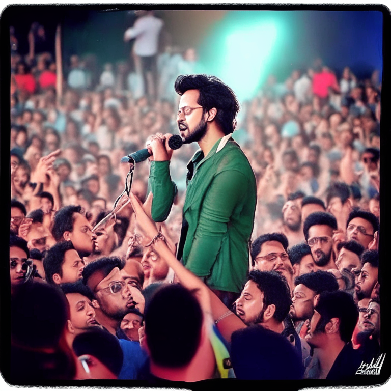 Atif Aslam singing in front of a crowd of fans Atif Aslam performing on stage with a crowd of fans in the background
