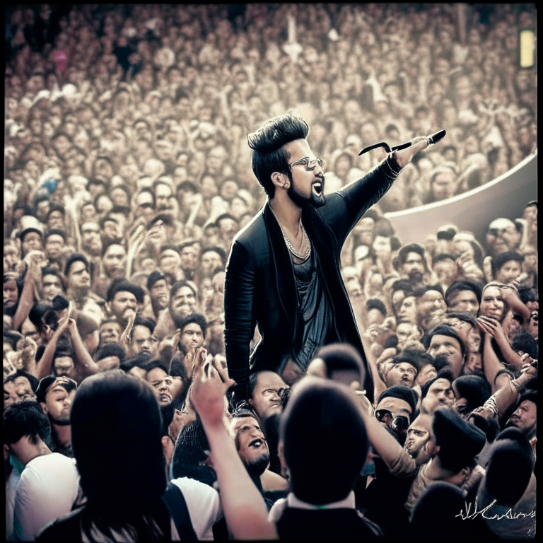 Atif Aslam singing in front of a crowd of fans Atif Aslam performing on stage with a crowd of fans in the background
