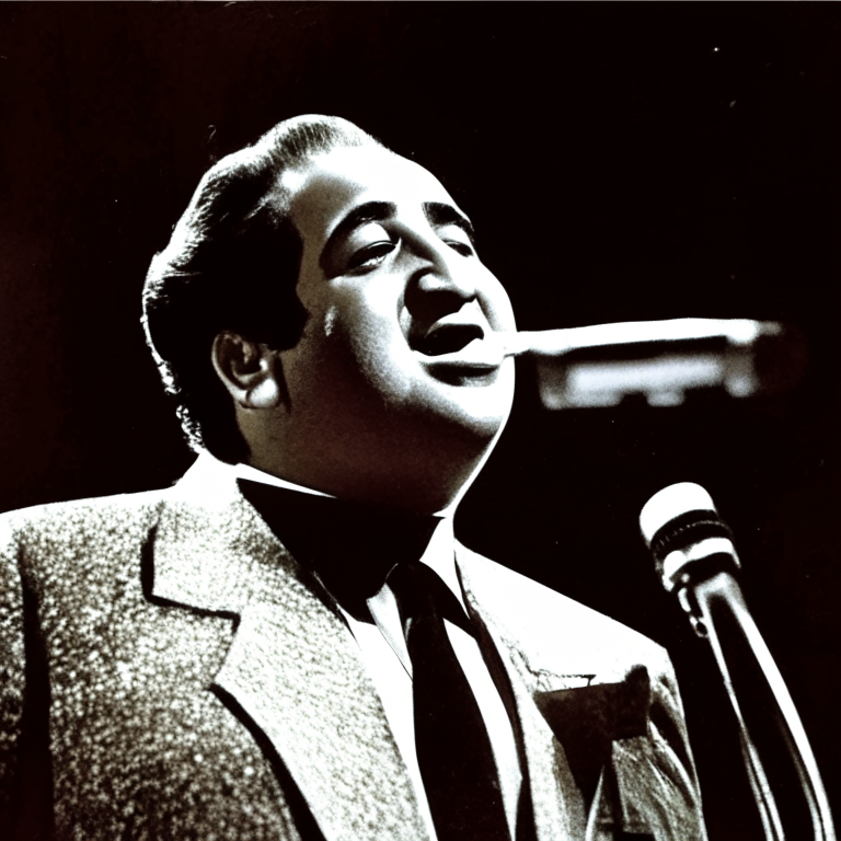 Mohammad Rafi singing on stage with a microphone in his hand