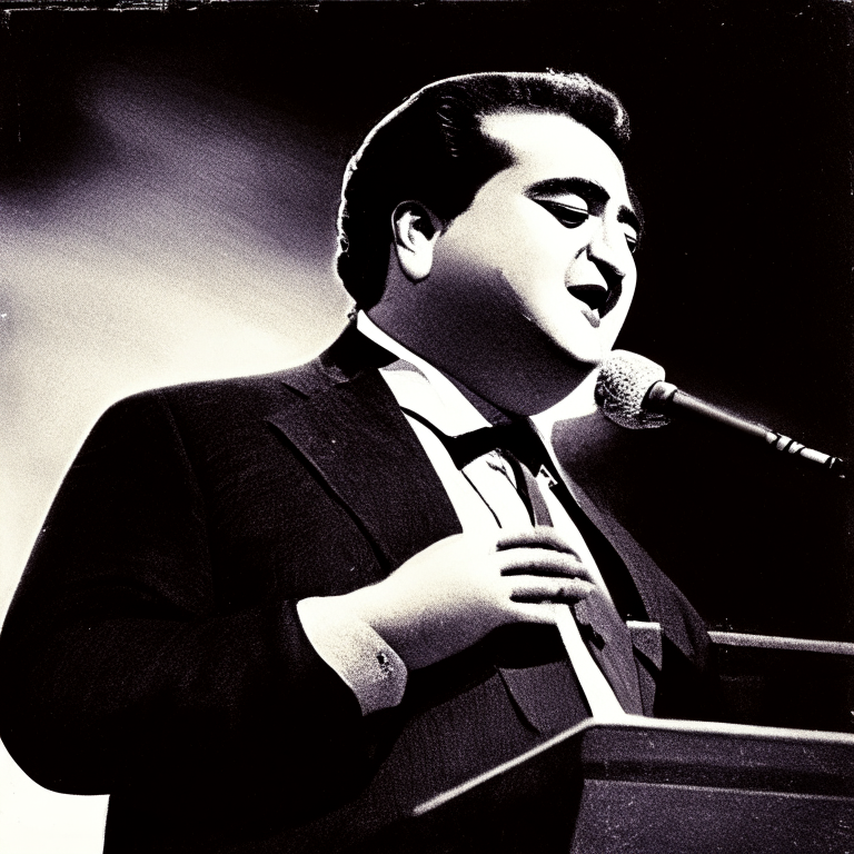 Mohammad Rafi singing on stage with a vintage filter