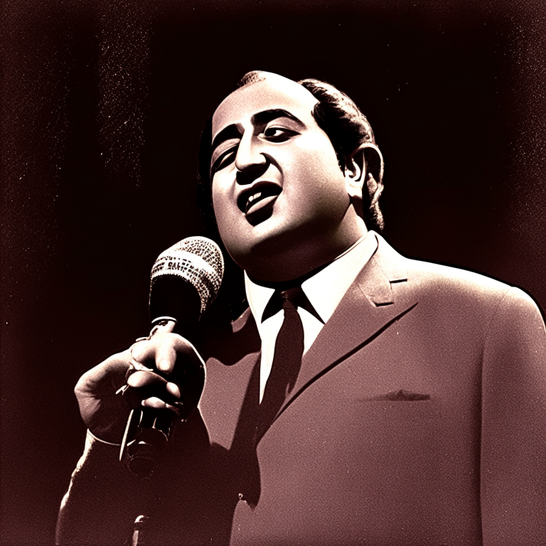 Mohammad Rafi singing on stage with a microphone in his hand