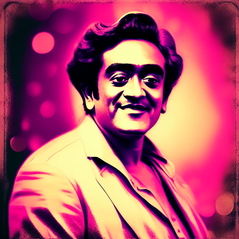 Kishore Kumar posing for a photo with a vibrant retro filter