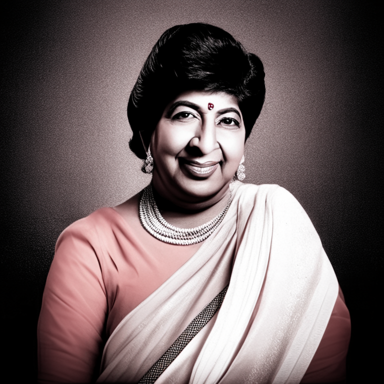 Lata Mangeshkar posing for a photo with a vintage filter