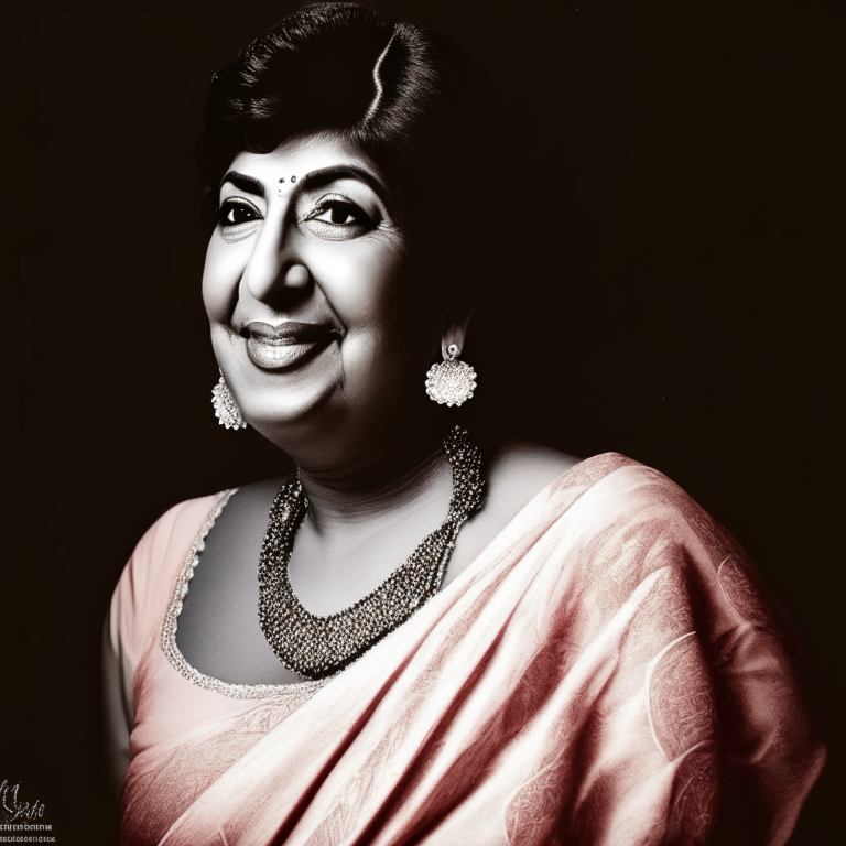 Lata Mangeshkar posing for a photo with a vintage filter