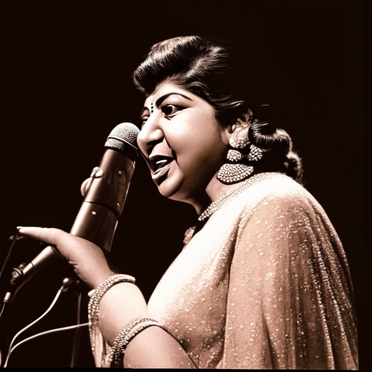 Lata Mangeshkar singing on stage with a microphone in her hand