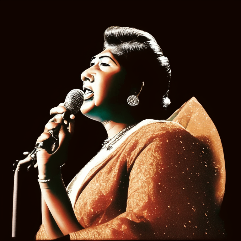 Lata Mangeshkar singing on stage with a microphone in her hand