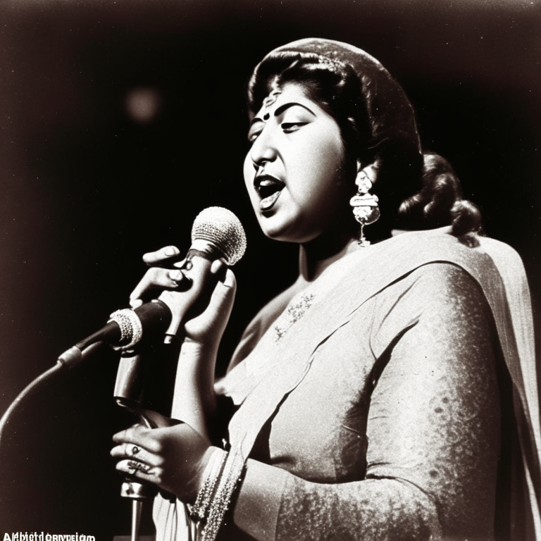 a vintage photo of Lata Mangeshkar singing on stage with a microphone in her hand