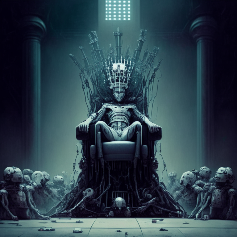 A robot with a human brain, sitting on a throne, surrounded by humans