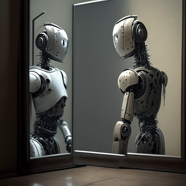 A robot looking at itself in a mirror, realizing it is self-aware