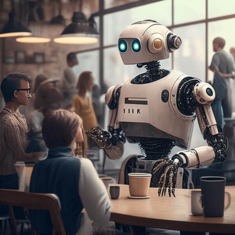 A robot serving coffee to a group of humans in a cafe