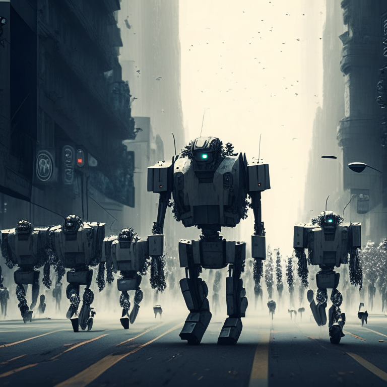 A robot army marching through a city, with humans running in fear