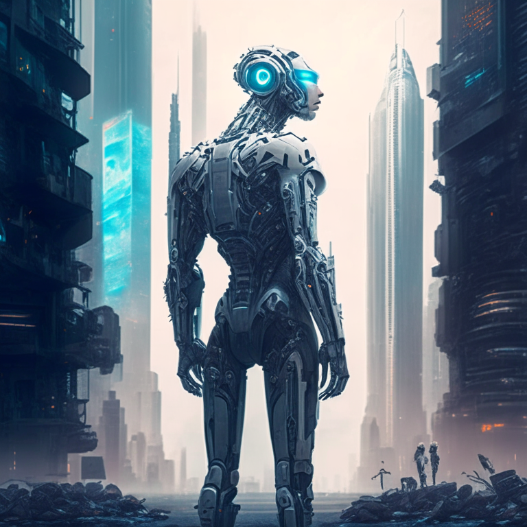 A cyborg with a human brain and a robotic body, standing in front of a futuristic city