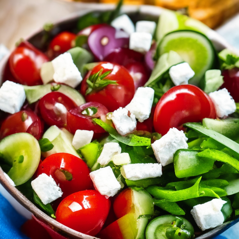 A fresh Greek salad with tomatoes, cucumbers, onions, olives, and feta cheese