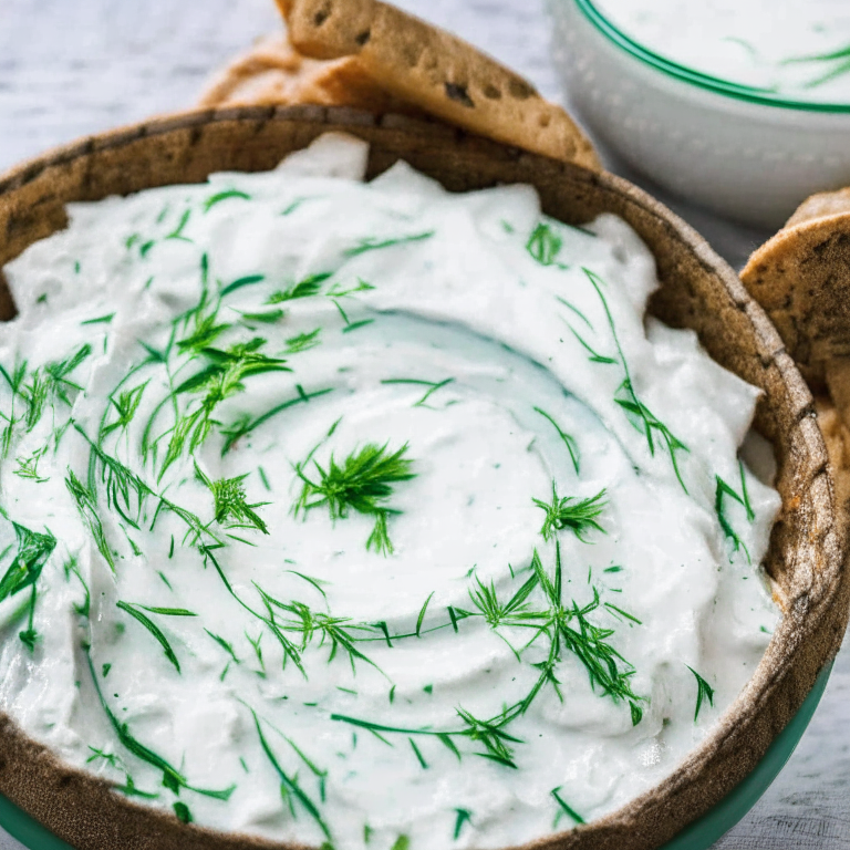 A bowl of tzatziki with cucumbers, garlic, and dill, served with pita bread