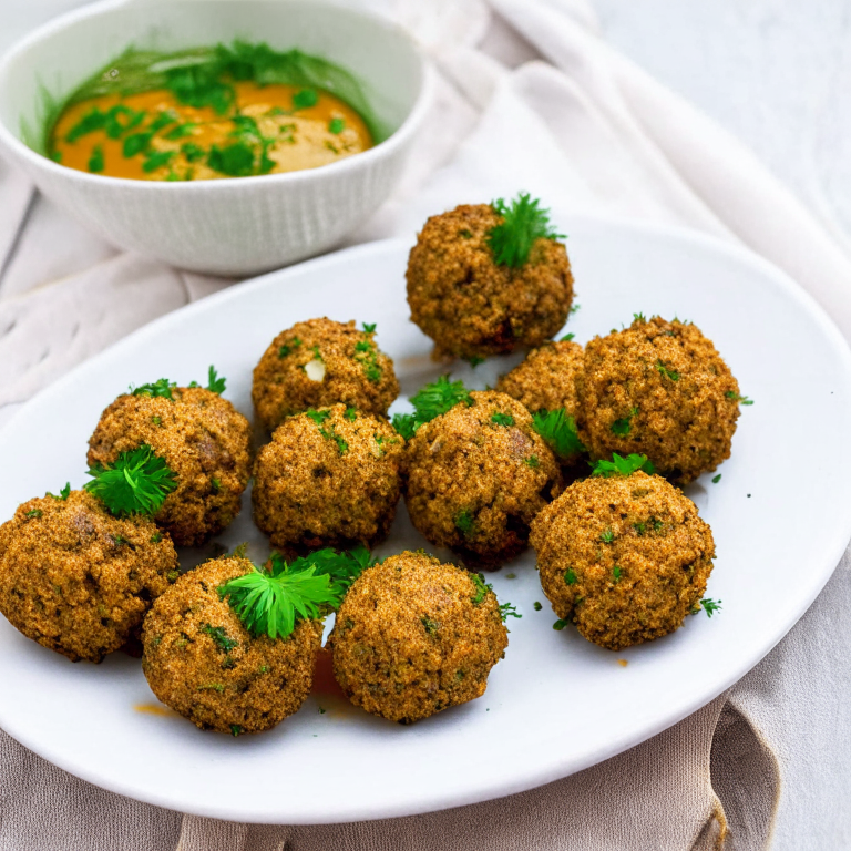 A plate of falafel balls with tahini sauce and parsley