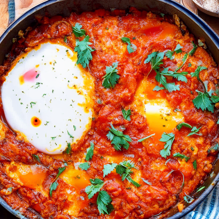 A skillet of shakshuka with eggs, tomatoes, peppers, and spices, served with bread