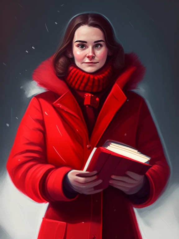 a portrait of a female middle school teacher wearing a red winter coat and holding a physics book