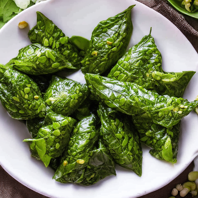 A plate of dolmades with stuffed grape leaves, rice, and herbs