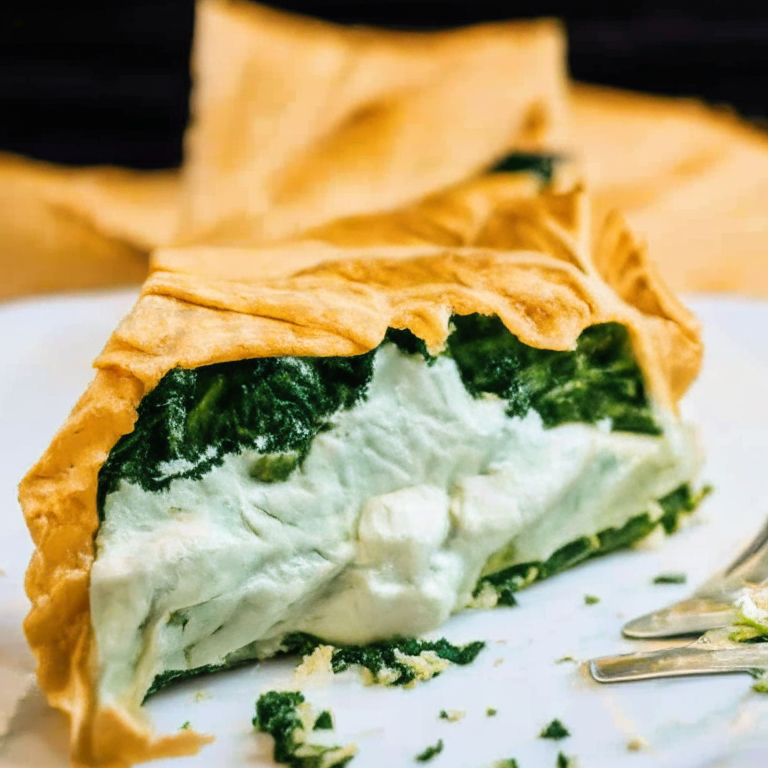 A slice of spanakopita with spinach, feta cheese, and phyllo pastry