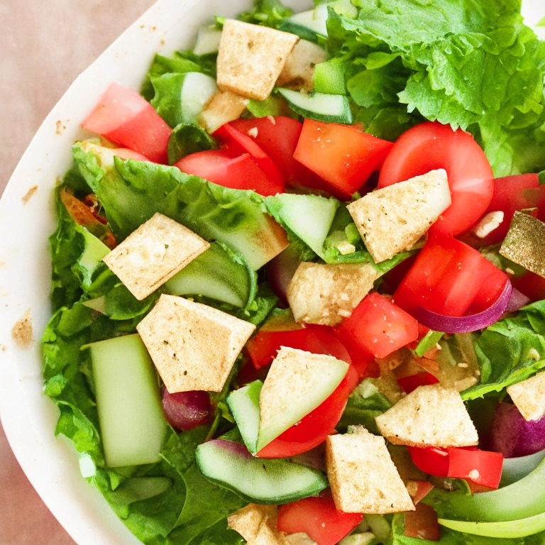 A bowl of fattoush salad with lettuce, tomatoes, cucumbers, and pita chips