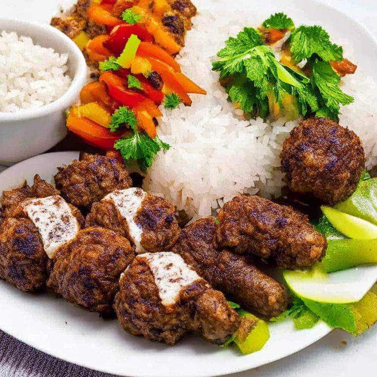 A plate of kofta kebabs with ground beef, onions, and spices, served with rice and vegetables