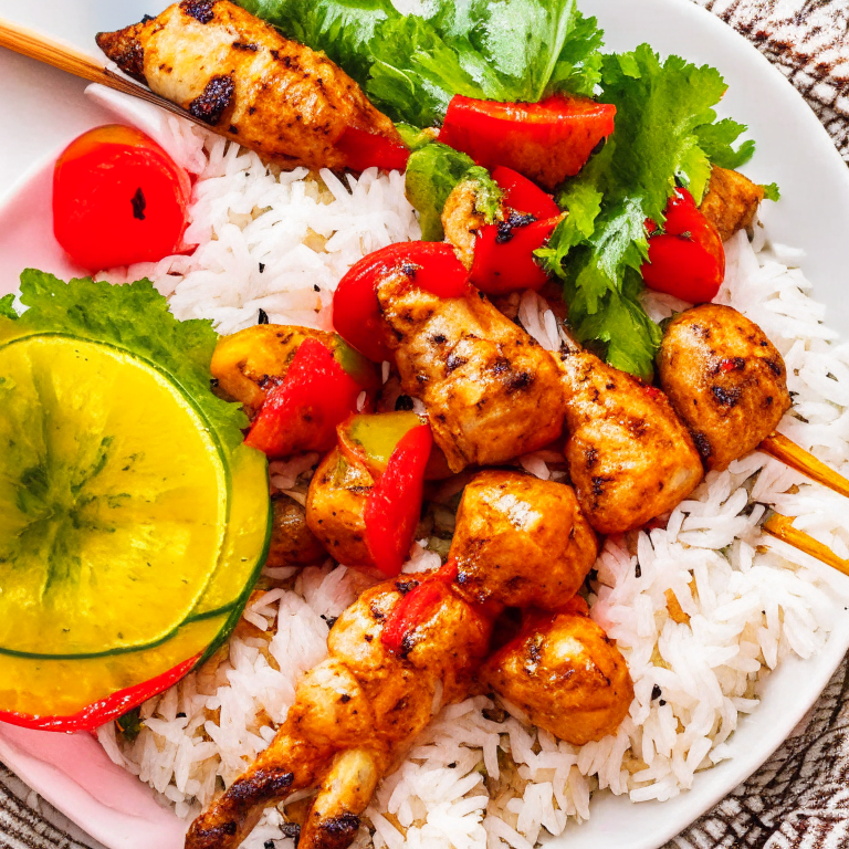 A plate of chicken kebabs with peppers, onions, and tomatoes, served with rice and salad