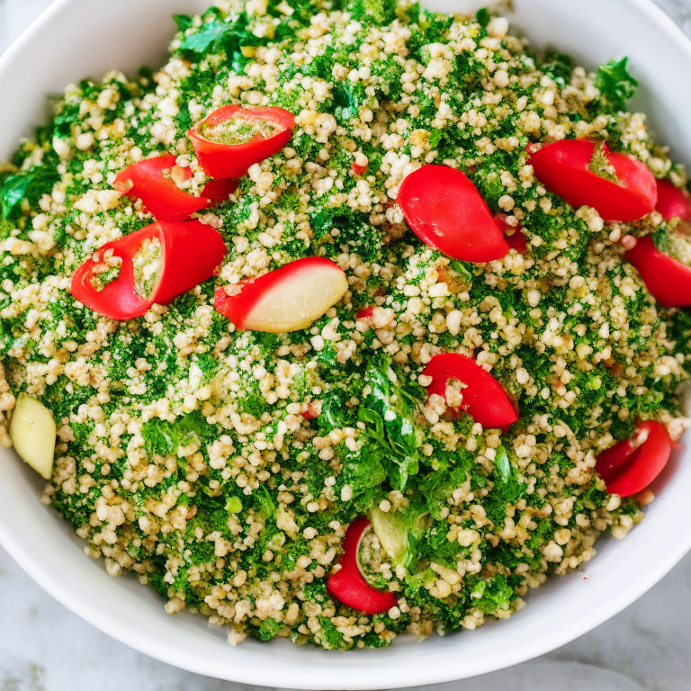 A bowl of tabouli salad with parsley, tomatoes, onions, and bulgur wheat