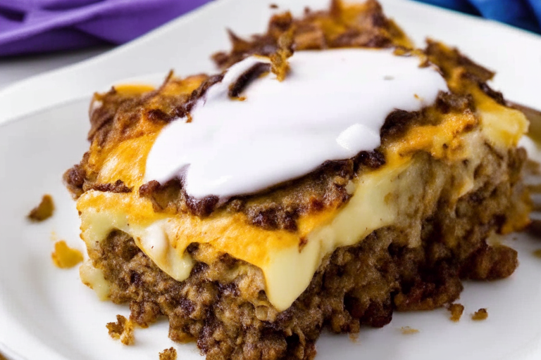 a delicious moussaka with layers of eggplant, potatoes, and ground beef, topped with a creamy bechamel sauce and baked to perfection