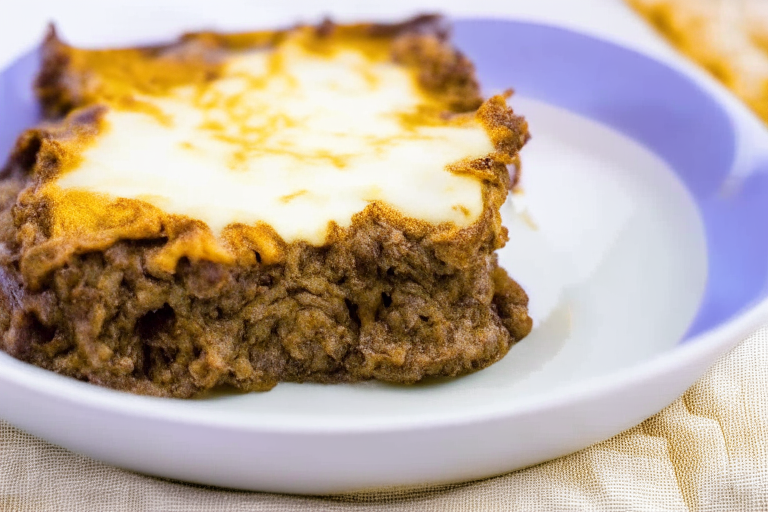 a delicious moussaka with layers of eggplant, potatoes, and ground beef, topped with a creamy bechamel sauce and baked to perfection