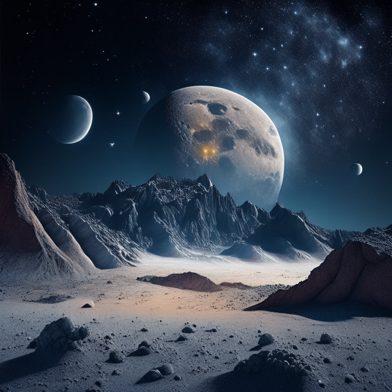 a realistic lunar landscape with craters and mountains, with stars shining in the sky