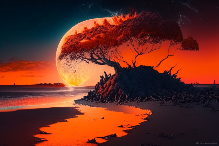 a volcanic beach at sunrise with an orange sky, the explosion of the moon, and a tree with roots