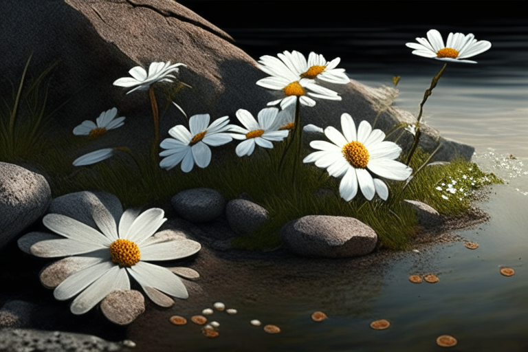 daisies among hot stones and small islands
