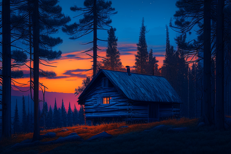 a cabin in a pine forest at blue sunset