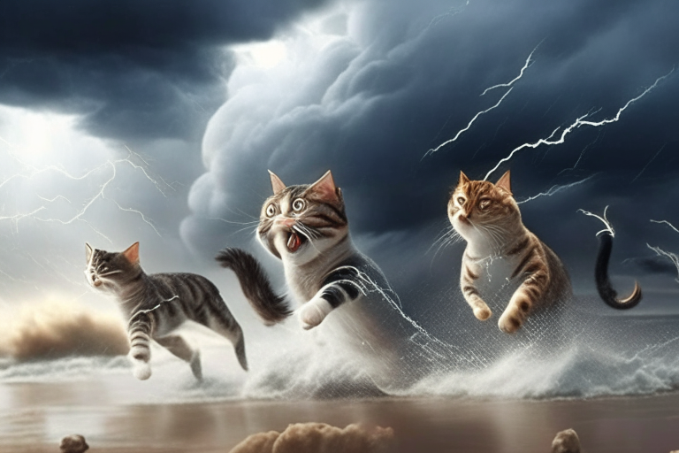 many realistic cats of different breeds jumping on the beach with stormy clouds and lightning