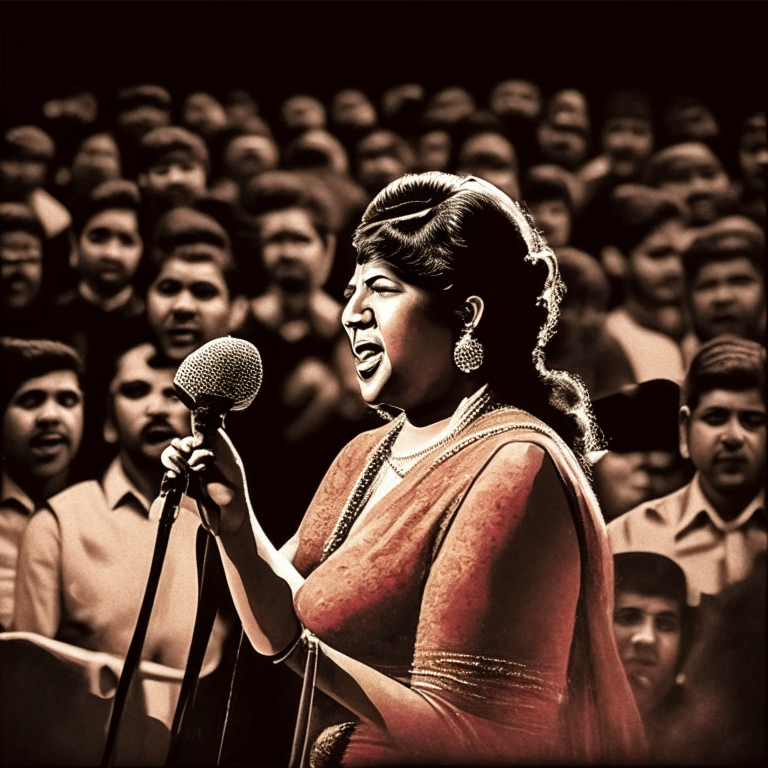 Lata Mangeshkar singing on a stage with a microphone in front of her, surrounded by a live band and audience