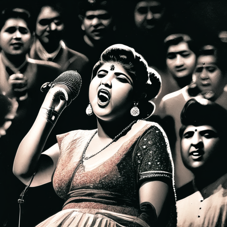 a young Lata Mangeshkar singing on a stage with a microphone in front of her, surrounded by a live band and audience