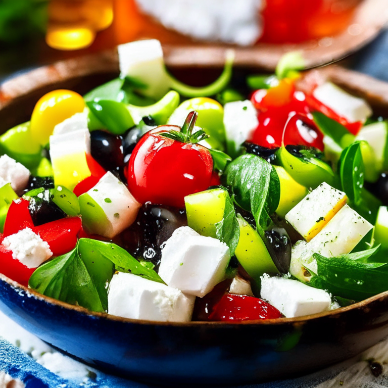 a delicious Greek Salad with fresh tomatoes, cucumbers, feta cheese, and olives, drizzled with olive oil and sprinkled with oregano