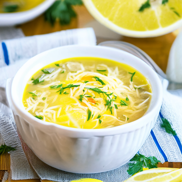 a bowl of Greek Lemon Chicken Soup, with tender chicken, orzo pasta, and fresh herbs, garnished with a slice of lemon