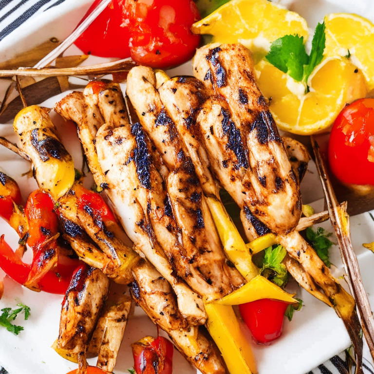 a plate of Grilled Greek Chicken Skewers, with juicy chicken, bell peppers, onions, and tomatoes, seasoned with oregano and lemon juice