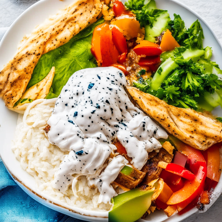 a bowl of Chicken Shawarma with Hummus and Tzatziki, with tender chicken, rice, and fresh vegetables, drizzled with a tangy sauce