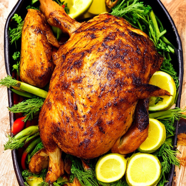 a whole Lemon and Herb Roasted Chicken, with crispy skin and juicy meat, served with roasted vegetables