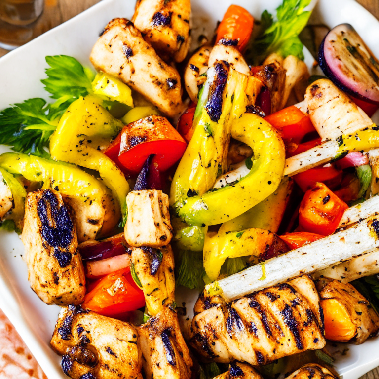 a plate of Mediterranean Chicken and Vegetable Skewers, with juicy chicken, bell peppers, onions, and zucchini, seasoned with oregano and lemon juice