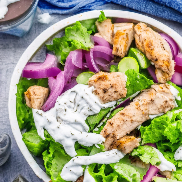 a bowl of Chicken Gyro Salad, with tender chicken, fresh lettuce, tomatoes, cucumbers, and red onions, topped with feta cheese and a creamy tzatziki dressing