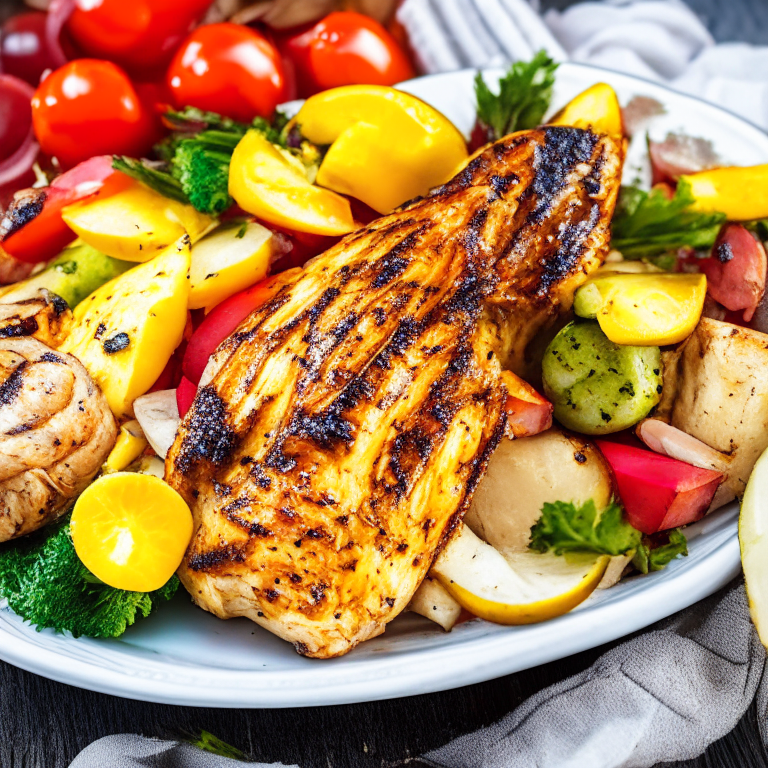 a plate of Greek Style Grilled Chicken, with juicy chicken, marinated in lemon juice, garlic, and oregano, served with roasted vegetables