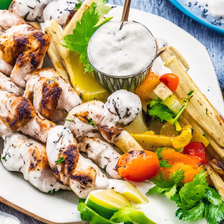 Greek Chicken Souvlaki with juicy chicken skewers, fresh vegetables, and a side of tzatziki sauce